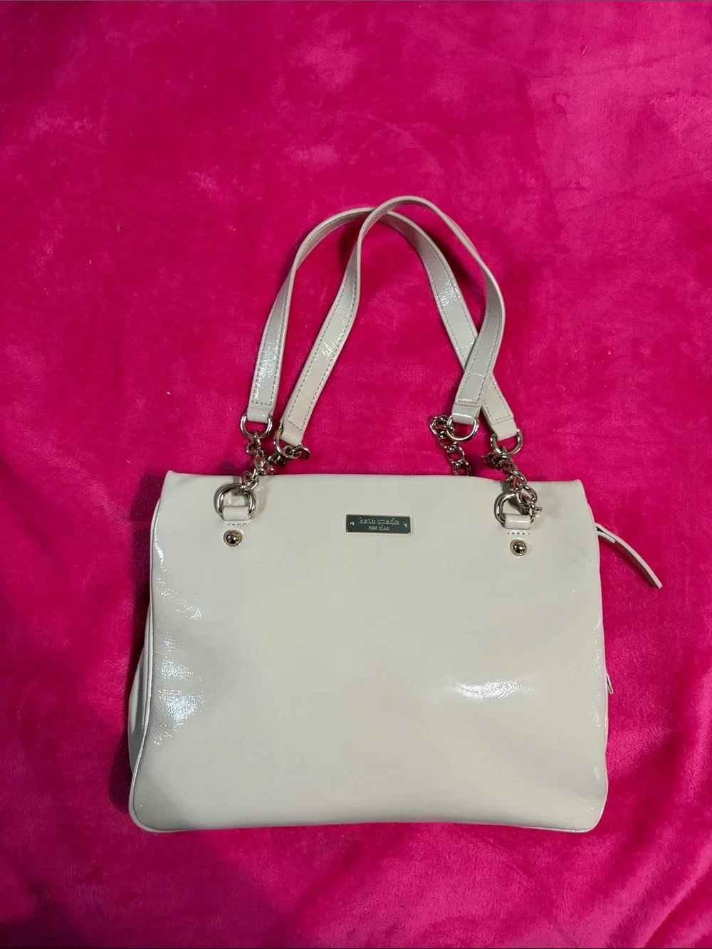 Patent Cream Shoulder Bag with Chain-Trim Straps